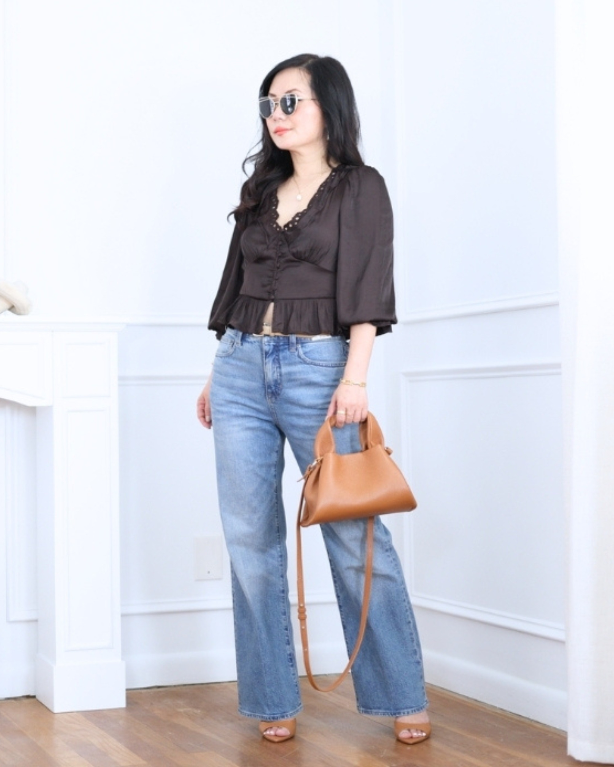 Brown eyelet top from GAP paired with J.Crew kick-flare jeans — feminine, flattering, and effortlessly easy for an everyday look with a little charm. I'm 5'2, wearing size S. 

 #LTKootd #LTKOver40 #LTKPetite