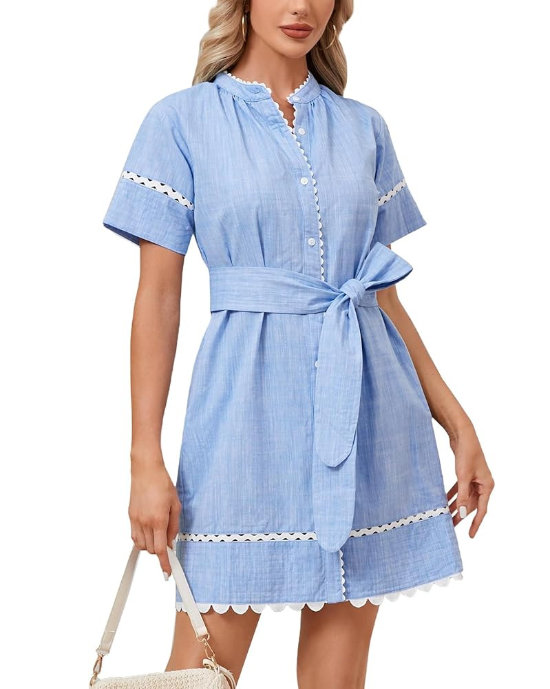 Women's Short Sleeve Summer Shirt Dress Button Down Belted Tunic Mini Dresses RIC Rac Trim Sundre... | Amazon (US)
