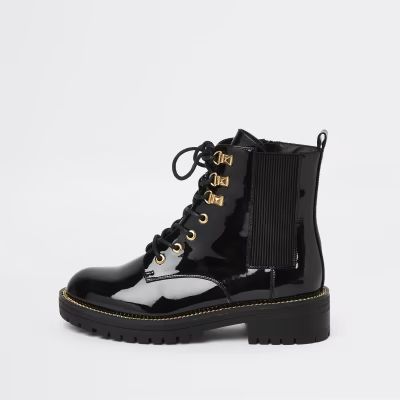 Black wide fit patent chunky biker boots | River Island (UK & IE)
