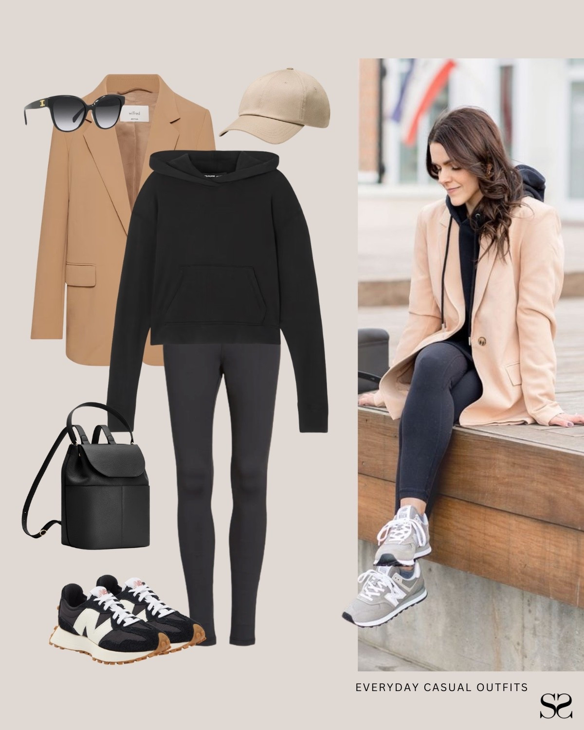 Outfit ideas for when getting dressed has to be easy: The blazer is the only decision you have to make.

Camel blazer, black hoodie, black leggings, New Balance sneakers, black mini backpack, baseball cap, black sunglasses

#LTKgrwm #LTKootd
