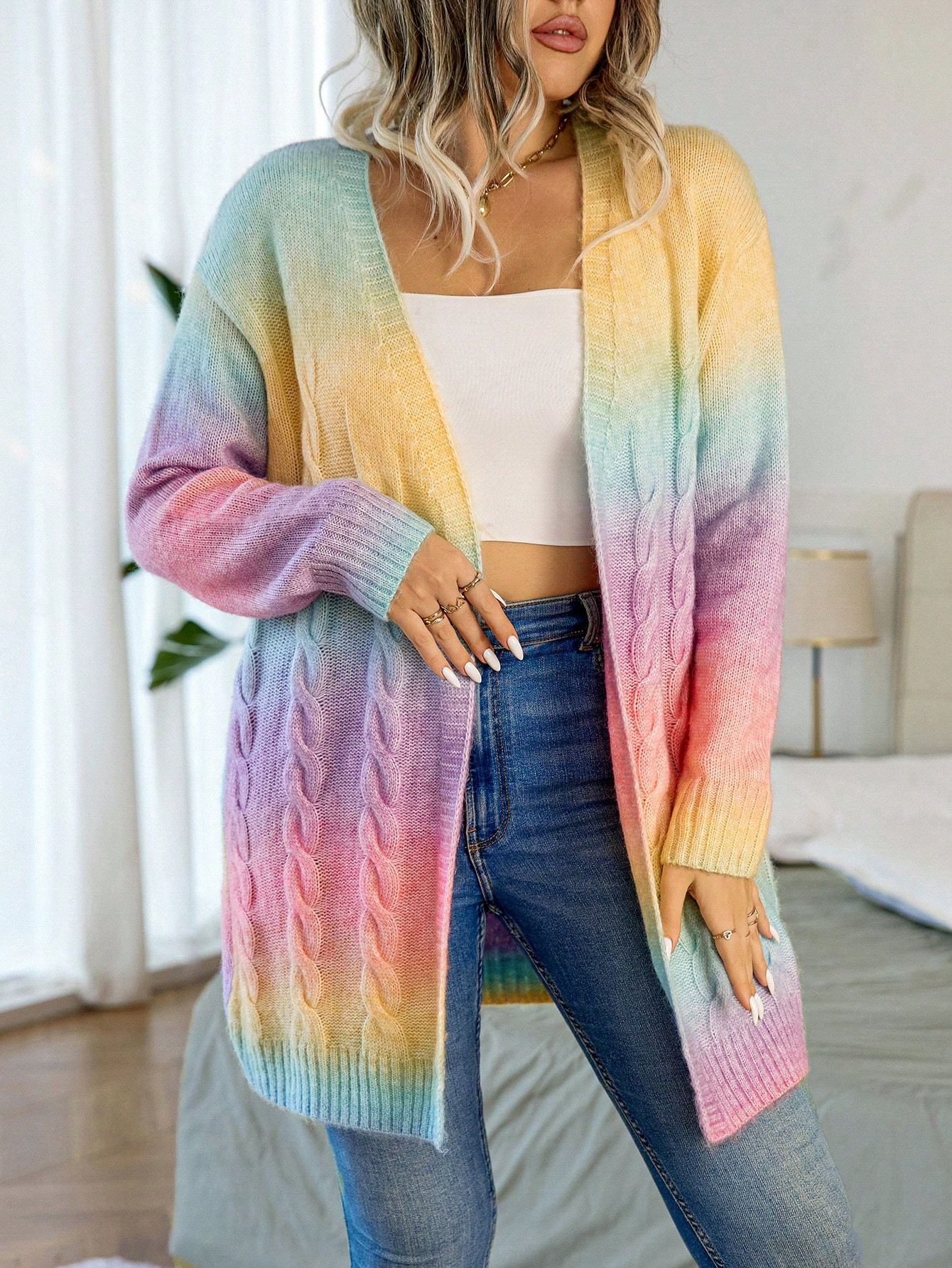 SHEIN Essnce Plus Ombre Cable Knit Drop Shoulder Duster Cardigan | SHEIN