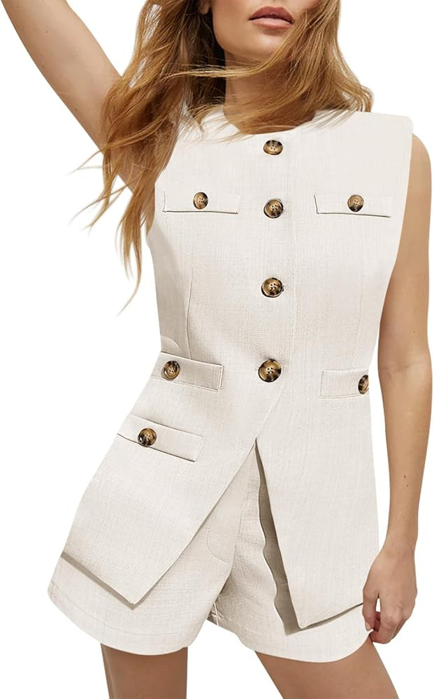 Tankaneo Womens 2 Piece Sets Suits Sleeveless Linen Vest and Shorts Set | Amazon (US)