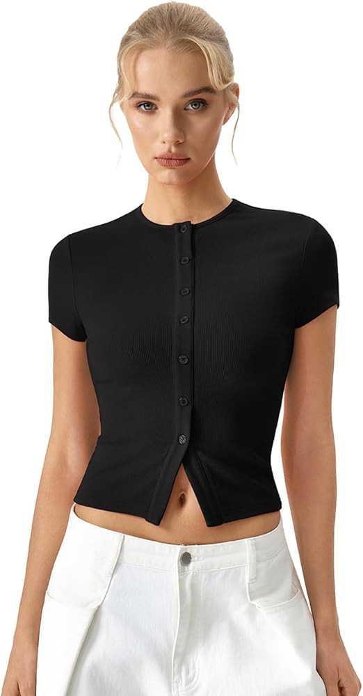 QINSEN Women's Crewneck Short Sleeve T Shirts Ribbed Button Going Out Trendy Tops | Amazon (US)