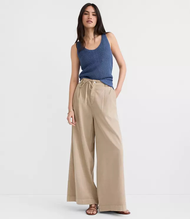 Petite Tie Waist Pleated Palazzo Pants | LOFT