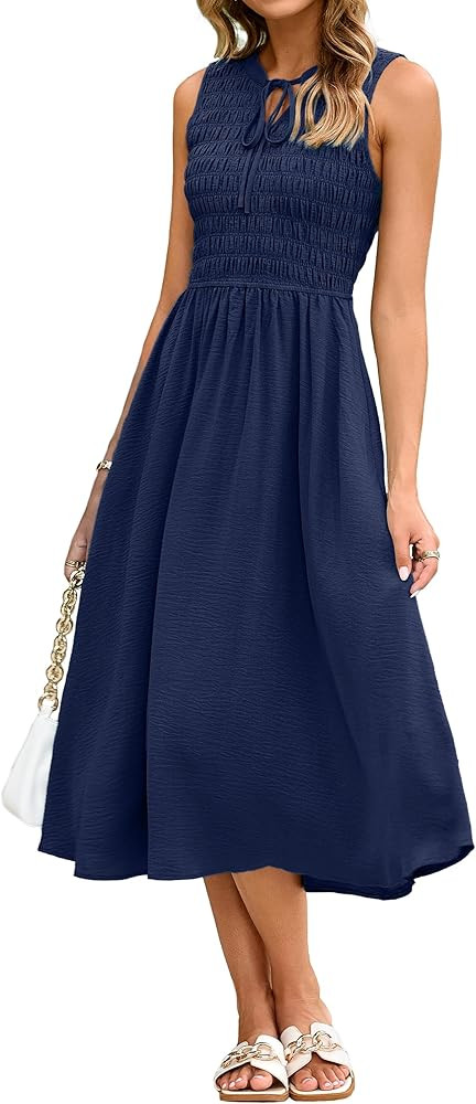 Simplee Womens Summer Smocked Midi Sundress V Neck Sleeveess Boho A Line Sun Dress with Pockets | Amazon (US)