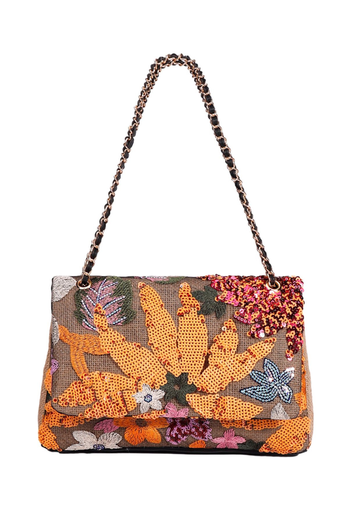 Sequin Floral Embroidered Shoulder Bag in Orange | Chicwish