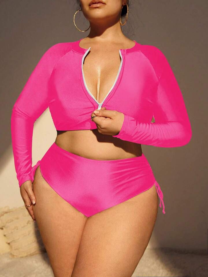 Plus Zip Front Drawstring Side Bikini Swimsuit With Long Sleeve Swim Shirt | SHEIN