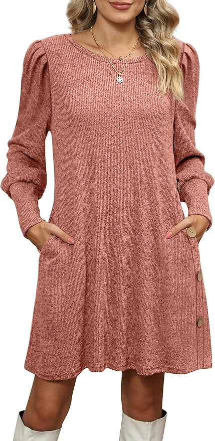 WEESO Fall Dress for Women 2023 Puff Sleeve Sweater Dresses with Pockets Buttons Side | Amazon (US)