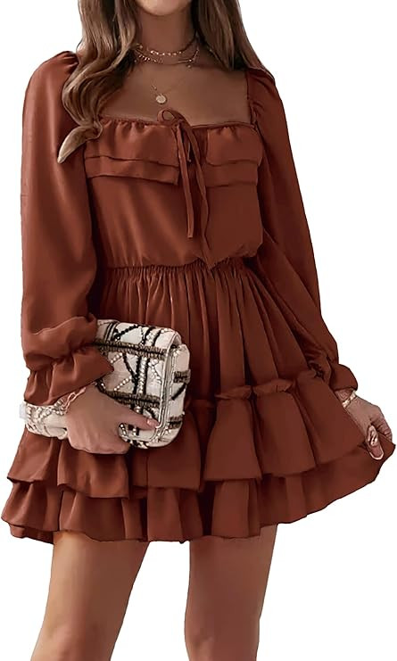 KIRUNDO Women’s Dresses 2022 Fall Long Flounce Sleeve Square Neck High Waist Ruffle Layered A L... | Amazon (US)