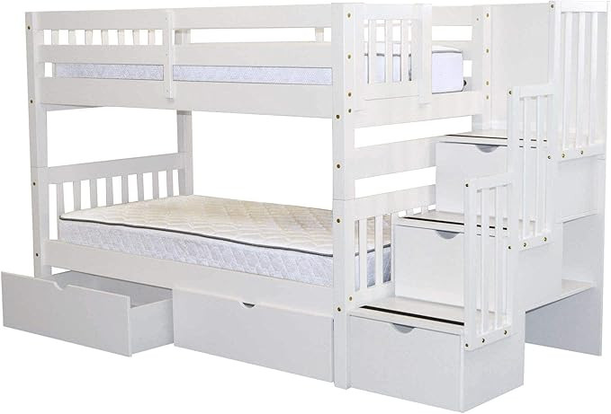 Bedz King Stairway Bunk Beds Twin over Twin with 3 Drawers in the Steps and 2 Under Bed Drawers -... | Amazon (US)