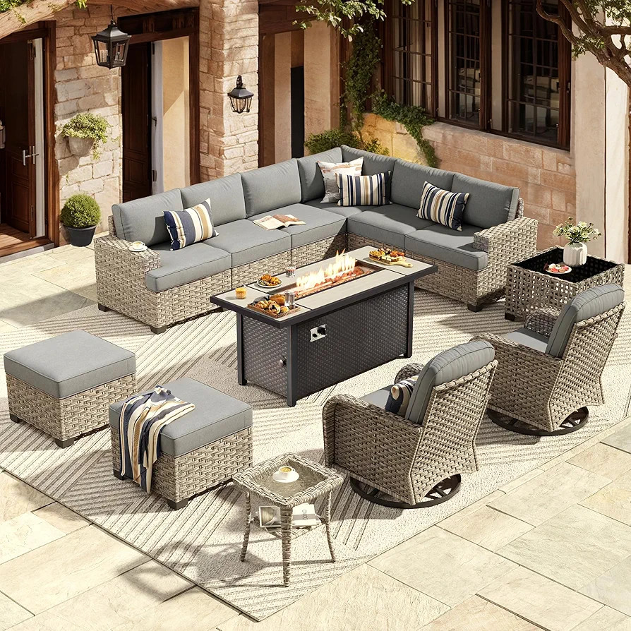 HOOOWOOO Outdoor Sectional Patio Furniture Set with Fire Pit Table,13 Pieces Wicker Conversation ... | Amazon (US)
