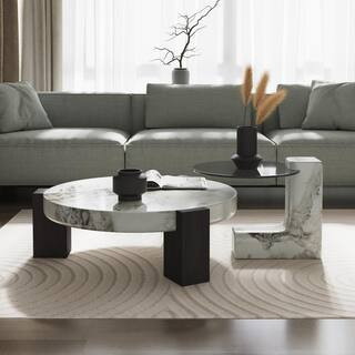 35. in. White and Black 2-Piece Round Marble Wood Top Coffee Table | The Home Depot