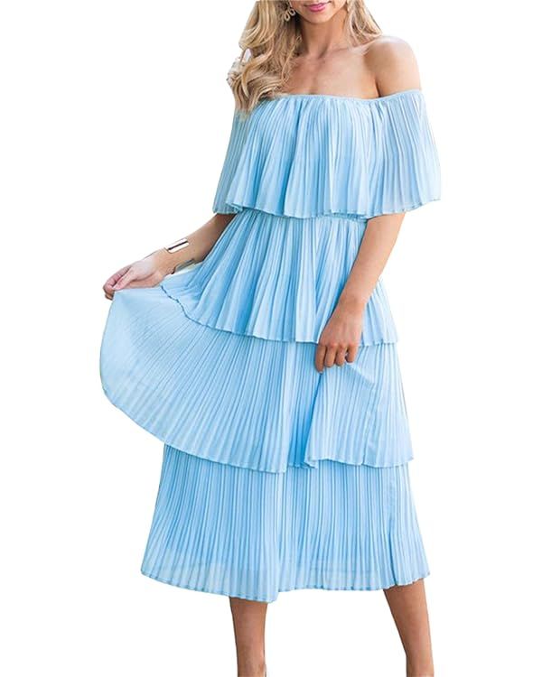 ETCYY Women's Off The Shoulder Ruffles Summer Loose Casual Chiffon Long Party Beach Maxi Dress ... | Amazon (US)