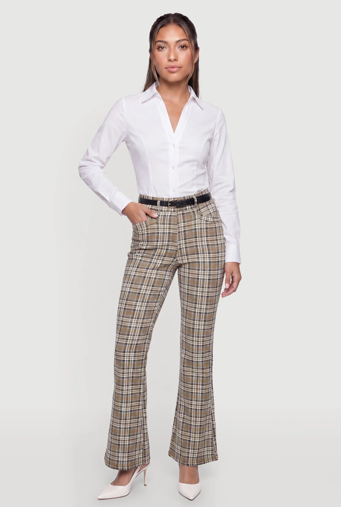 High Waisted Flare Leg Plaid Dress Pants with Belt | Rainbow Shops