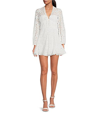 Gianni Bini Katrina Eyelet V-Neck Long Sleeve A-Line Dress - L | Dillard's