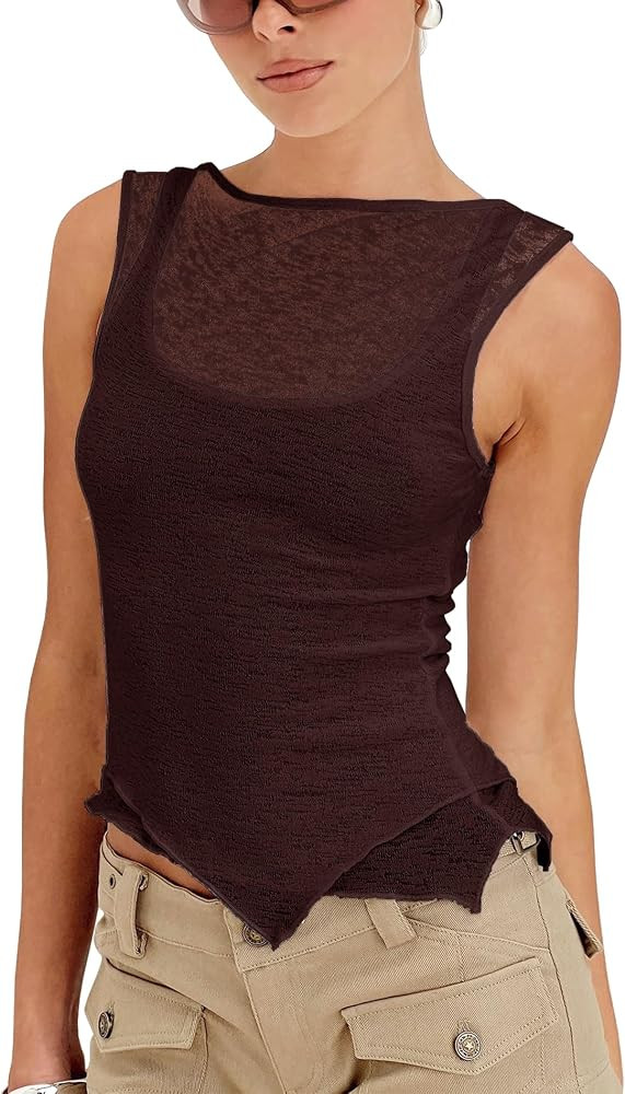 Tight Tank Tops for Women Sexy Sheer Mesh Trendy Slim Fitted Cute Shirts Summer Sleeveless Night ... | Amazon (US)