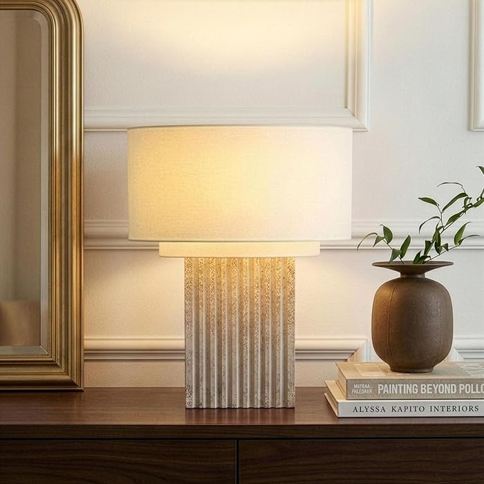 Brightech Atticus 15" Table Lamp - Natural Travertine Limestone Lamp, Cream Cotton Shade - Ridged... | Amazon (US)