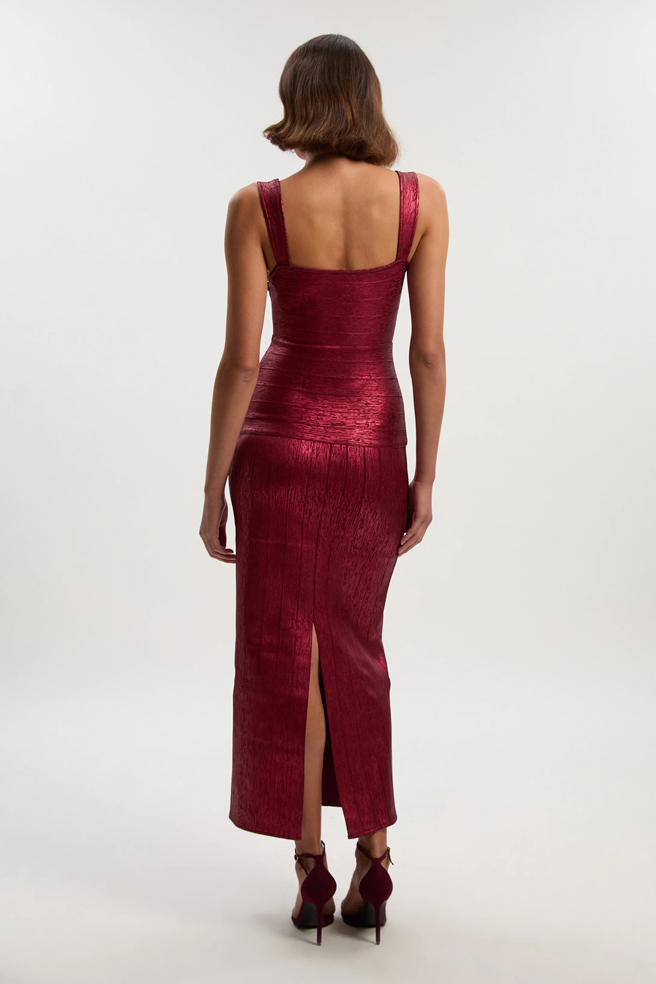 Foil Metallic Figure Form Strappy Knit Maxi Dress | Karen Millen UK + IE + DE + NL