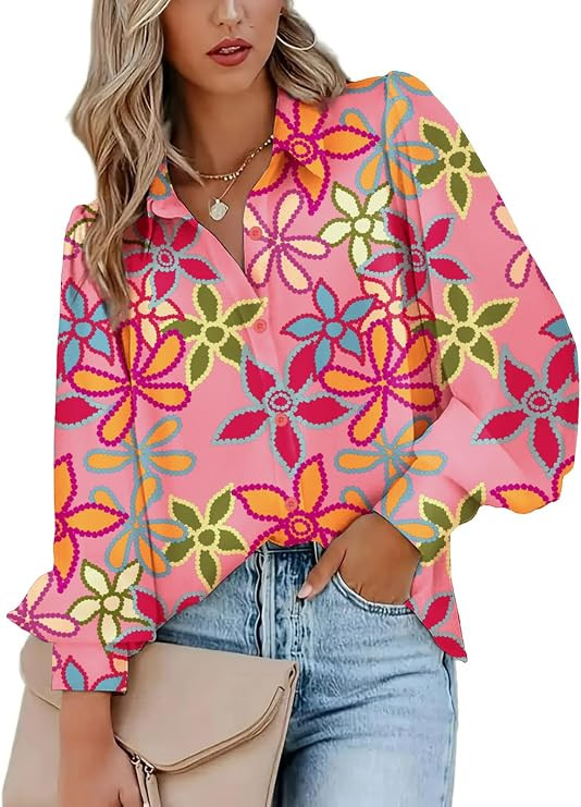 Zeagoo Womens Shirts Button Down Printed Lantern Long Sleeve Blouse Fashion Casual Tops 2025 | Amazon (US)