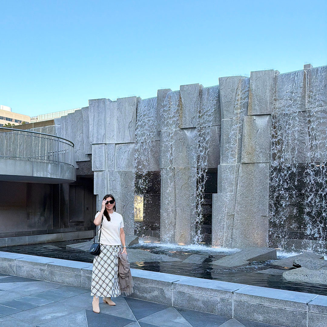 I swear I am not getting splashed by the fountain, ok maybe a little. Loving maxi skirts and mixed neutral for summer evenings.  

 #LTKootd #LTKOver40