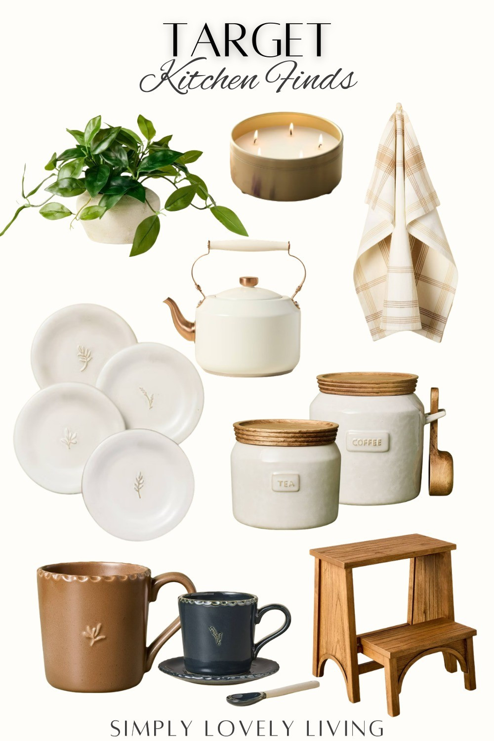 Target kitchen finds from Hearth and Hand with Magnolia. Joanna Gaines kitchen. Coffee canister with spoon. Tea canister. Plates. Tea kettle. Kitchen towel. Kitchen stool for kids. Coffee cups. Faux plant. #LTKfind 

#LTKHome