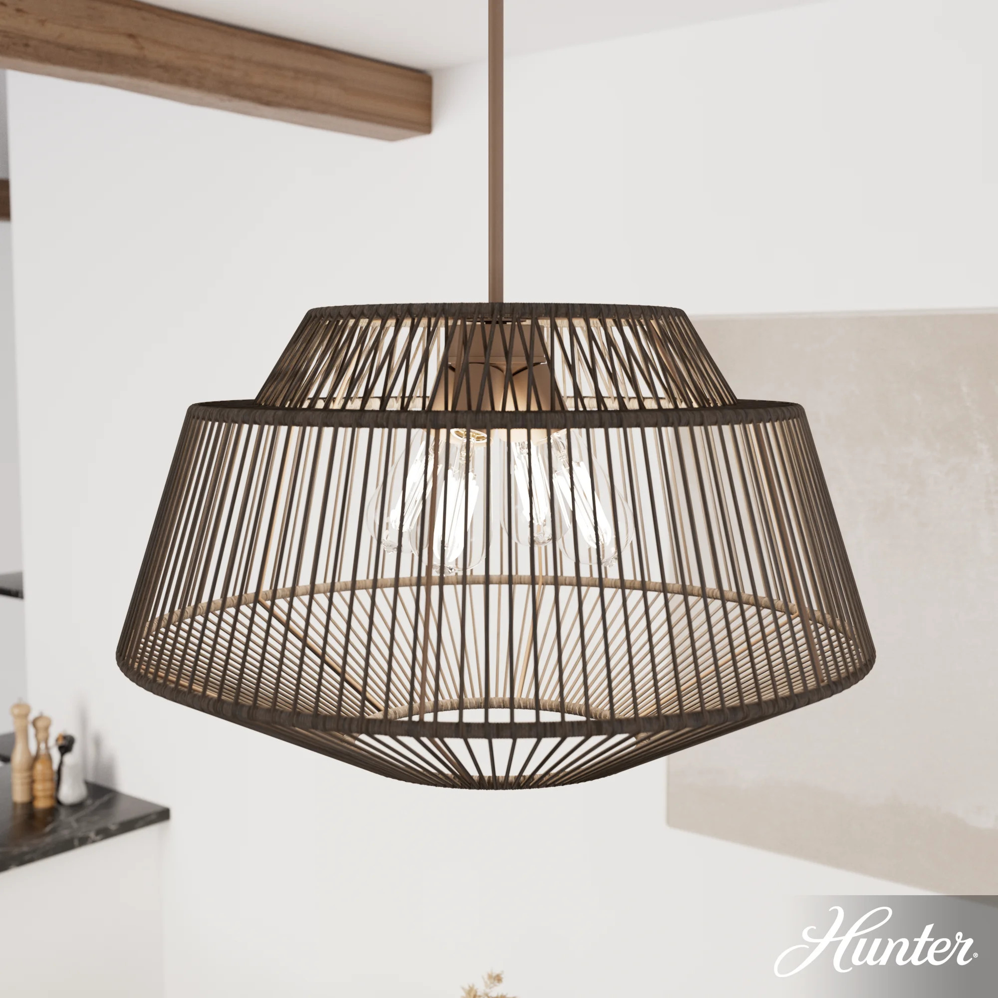 Hunter - Brookhollow 4-light Sable Rattan, Extra Large Pendant Light, Dimmable, Casual Style, Geo... | Walmart (US)