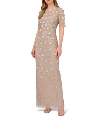 Floral Beaded Mesh Round Neck Short Sleeve Gown | Dillard's