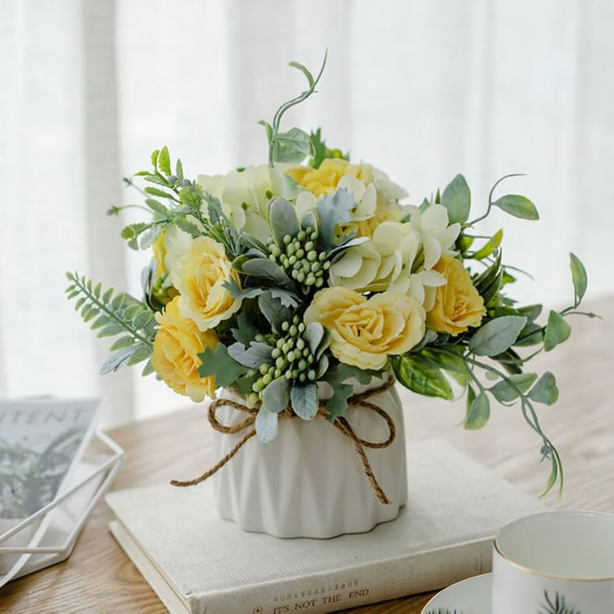 TKAS Fake Flowers Arrangement in Ceramic Vase, Artificial Faux Silk Roses & Hydrangea, Small Real... | Amazon (US)