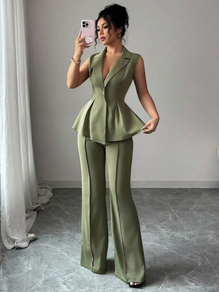 Elenzga Sleeveless Blazer Suit Set, Elegant Romantic Women's Slim Waist Business Suit | SHEIN