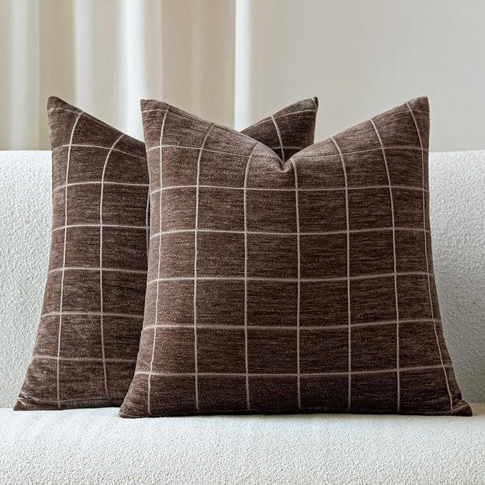 Decorative Chenille Plaid Fall Throw Pillow Covers Brown 18x18 Set of 2 | Amazon (US)