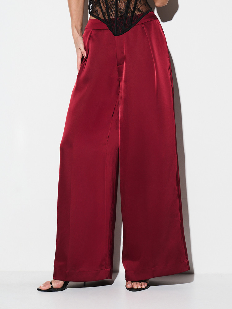 KIZN High Waist Straight Leg Satin Palazzo Trousers Wide Leg Formal Evening Pants Elegant Full Length Bottoms Party Occasion Luxurious Silky Dressy Trousers | SHEIN