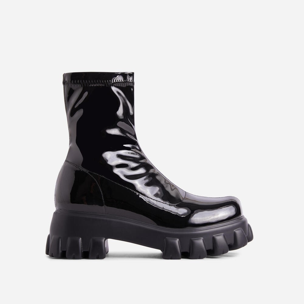 Paloma Chunky Sole Ankle Sock Biker Boot In Black Patent | EGO Shoes (US & Canada)