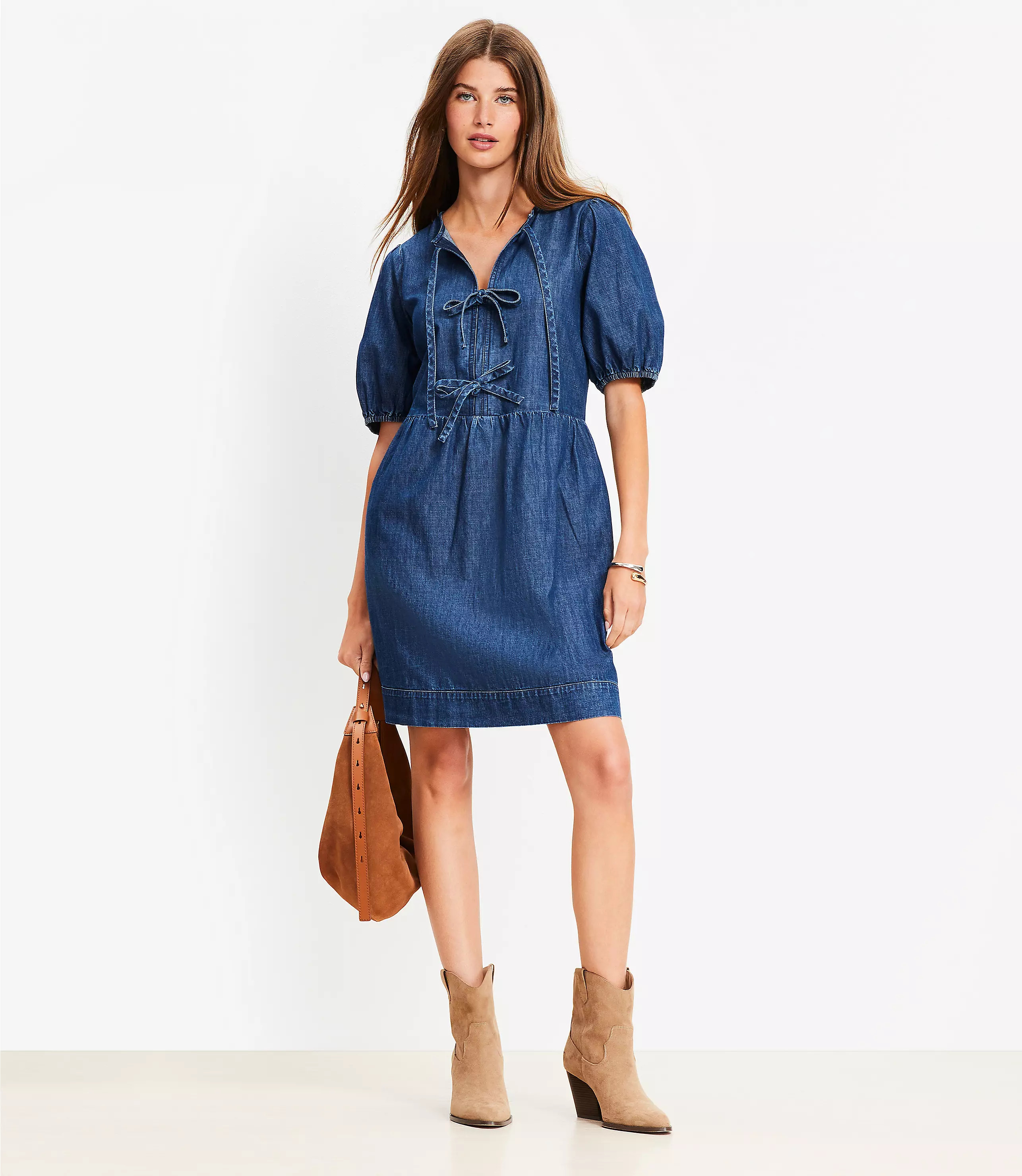 Petite Chambray Bow Mini Pocket Dress | LOFT