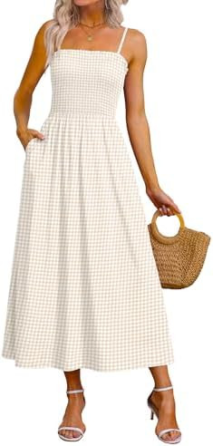 OFEEFAN Womens Spaghetti Strap Maxi Dresses Smocked with Pockets 2026 Summer Spring Casual Boho B... | Amazon (US)