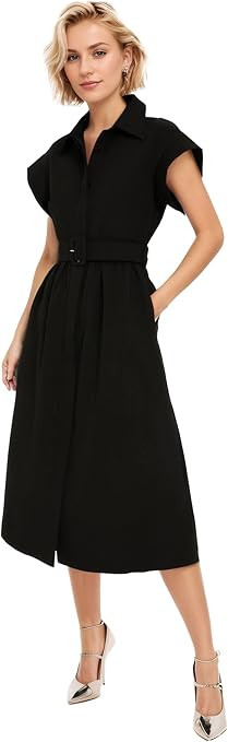 Ladyful Women Casual Button Down Shirt Dress Short Wing Sleeve Buiness Midi Shirt Dress with Belt... | Amazon (US)