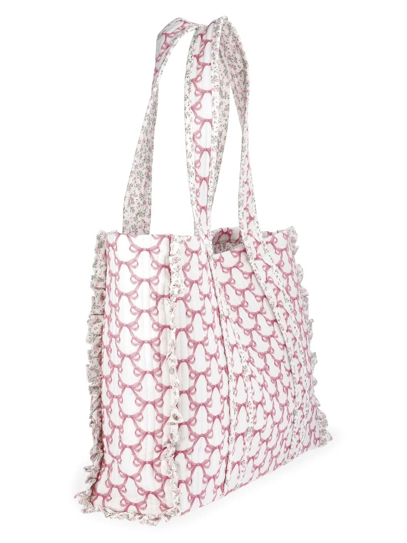 No Boundaries Women's Quilted Tote Bag, Pink Jubilee Bow/Floral | Walmart (US)
