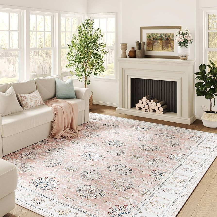 jinchan Washable Area Rug 6x9 Low Pile - Living Room Rug for Girl Pink Floral Print Stain Resista... | Amazon (US)