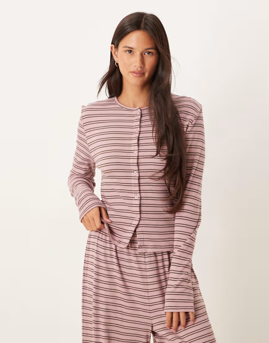 ASOS DESIGN rib knit cardigan in pink & brown stripes | ASOS (Global)