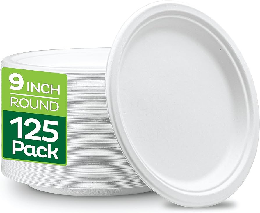 100% Compostable 9 Inch Heavy-Duty [125-Pack] Eco-Friendly Disposable White Bagasse Plate, Made o... | Amazon (US)