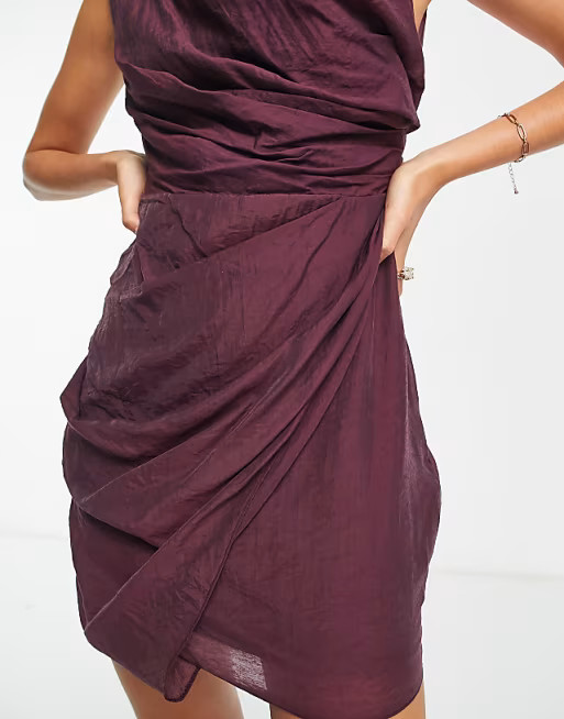 ASOS DESIGN drape mini dress with wrap skirt in textured fabric in purple | ASOS (Global)
