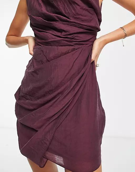 ASOS DESIGN drape mini dress with wrap skirt in textured fabric in purple | ASOS (Global)