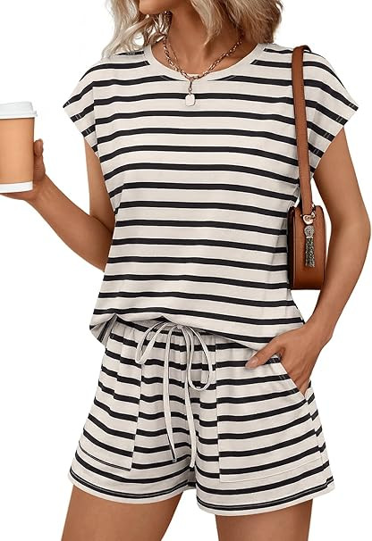 AUTOMET Womens Crew Neck Two Piece Short Sets Cap Sleeve Drawstring Summer Sweatsuit with Pocket | Amazon (US)