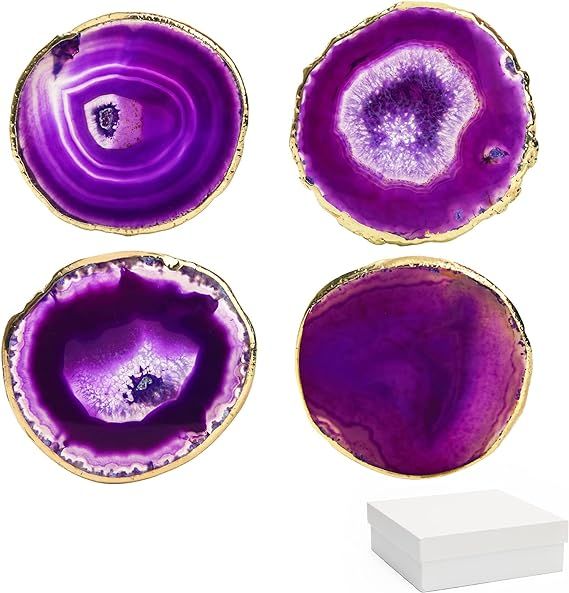 Purple Agate Coasters Set of 4 with Gift Box, Luxiv 3-4" Agate Coasters for Drinks Natural Crysta... | Amazon (US)