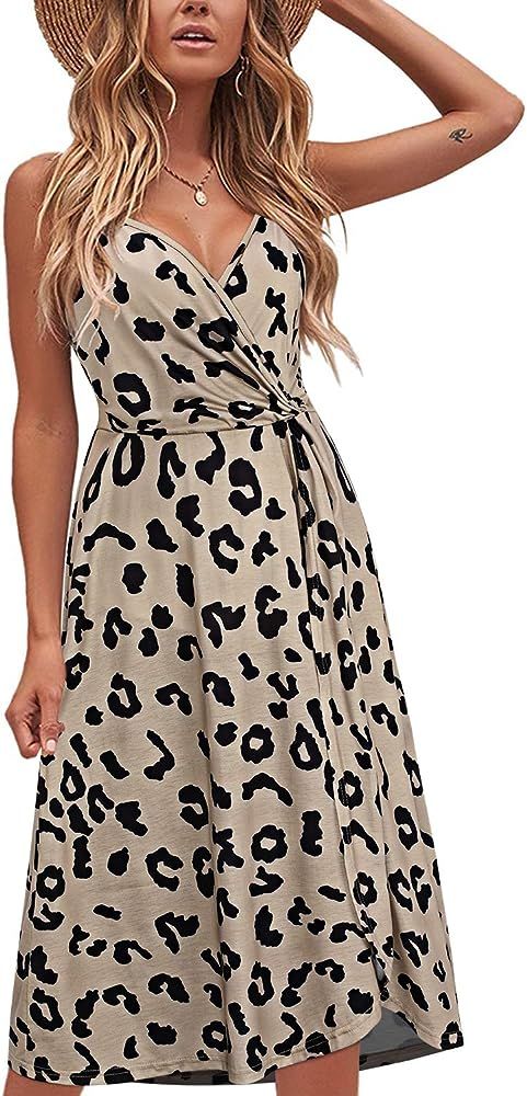 KILIG Women's Summer Dress V Neck Floral Twist Knot Pleated Spaghetti Strap Casual Sundress | Amazon (US)