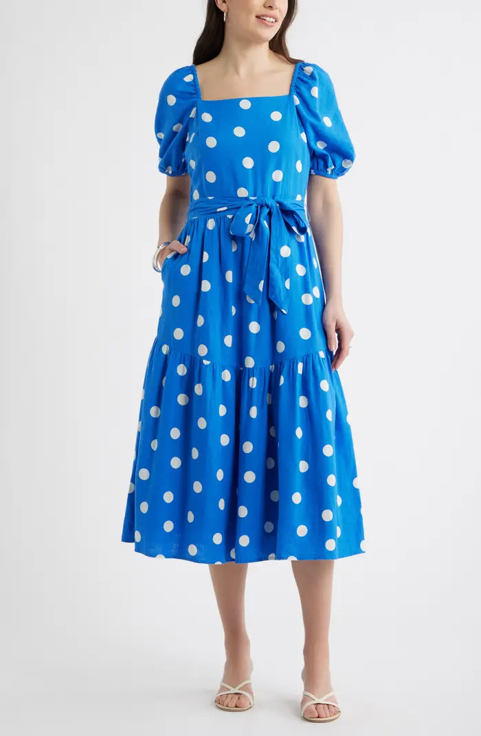 Caslon® Puff Sleeve Linen Blend Midi Dress | Nordstrom | Nordstrom