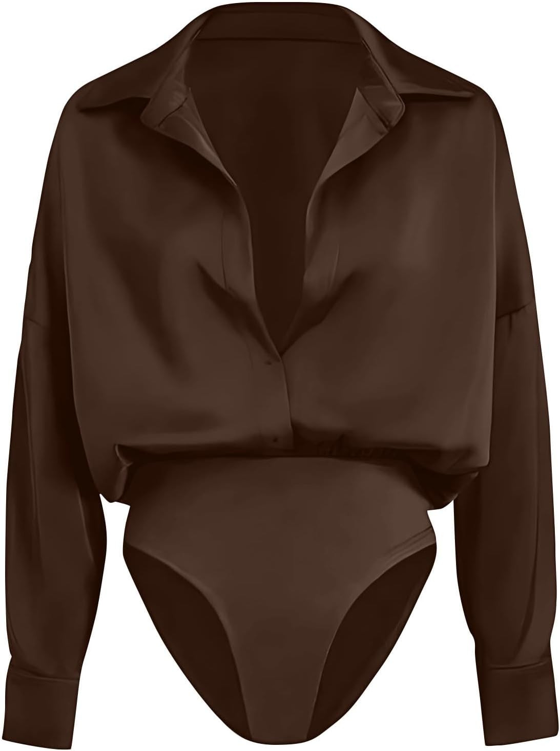 Women's Long Sleeve Collared Shirt Bodysuit Button Front Stretchy Slim Fit Tucked-in Design for Office Date Nigh | Amazon (US)