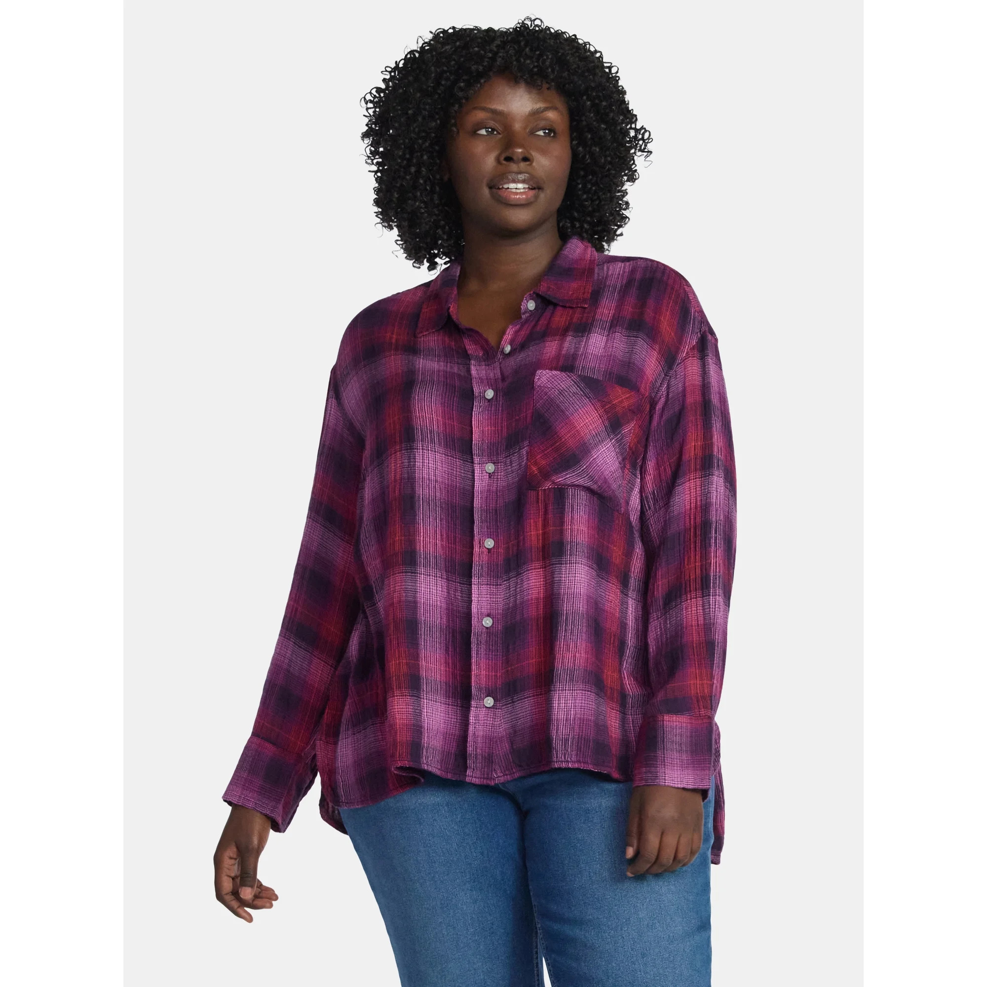 Terra & Sky Women's Plus Plaid Button Front Shirt, Sizes 0X-5X | Walmart (US)