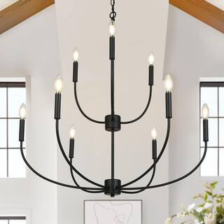 Transitional 32.3 in. Large 9-Light Black Candlestick Chandelier for Living Room Dining Room Pendant, LED Compatible | The Home Depot