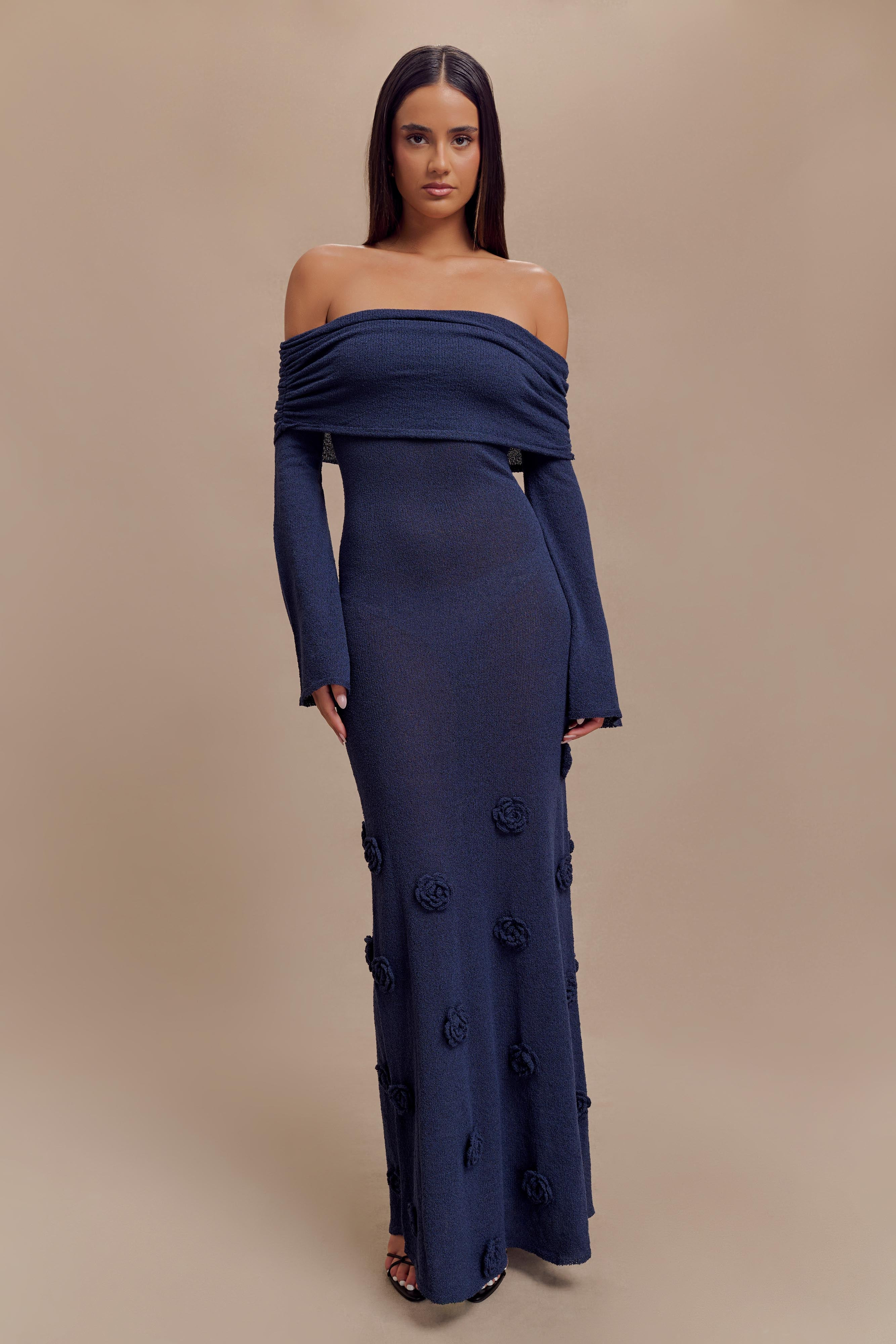 Kiki Off Shoulder Knit Rose Maxi Dress - Navy | MESHKI US