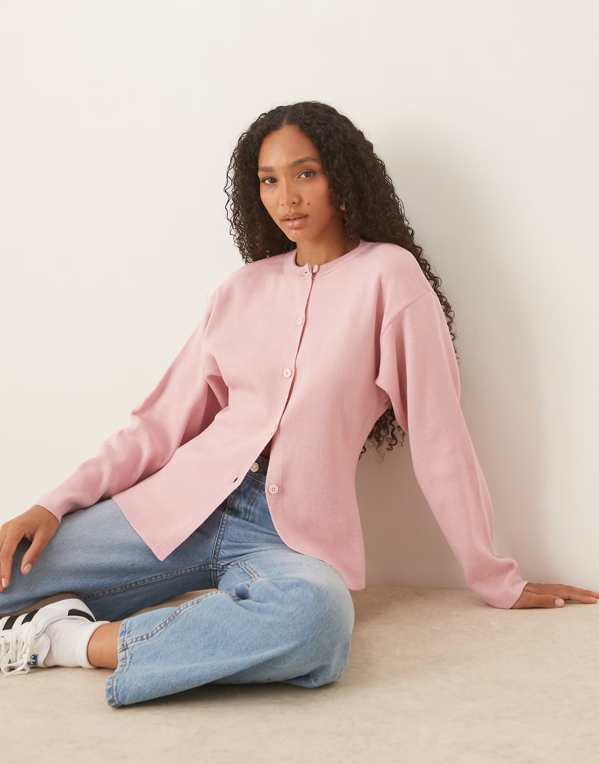 ASOS DESIGN knitted structured crew neck cardigan in pink | ASOS (Global)